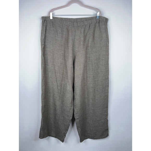 Flax Linen Pants Green High Rise Relaxed Straight Leg Cropped Size 14-18 - Picture 1 of 9